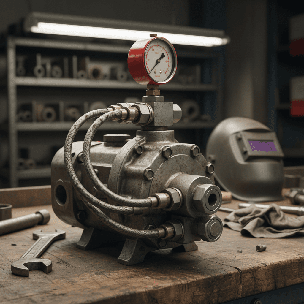 Hydraulic pump on a workbench